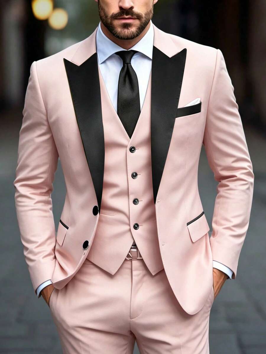 Calvornis Men's Contrast Color Lapel Jacket & Pants Suit Set - Baby Pink - View 1