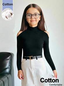 SHEIN Kids Tween Girls Tween Girl Autumn Black Knit Off-Shoulder Fitted Long Sleeve Elegant All-Match Versatile Top T-Shirt - Black - View 1