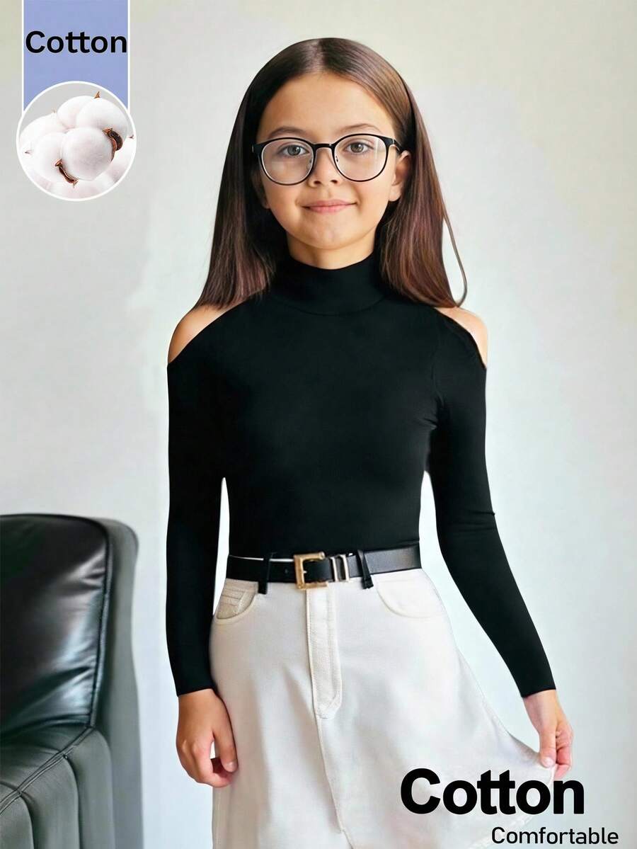 SHEIN Kids Tween Girls Tween Girl Autumn Black Knit Off-Shoulder Fitted Long Sleeve Elegant All-Match Versatile Top T-Shirt - Black - View 1