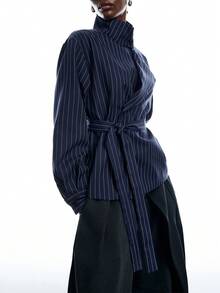 LYSMO 女款秋冬商務通勤條紋腰帶大衣 - 藏蓝色 - 查看 3