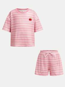 SHEIN 少女條紋櫻桃印花圓領短袖T恤與短褲休閒套裝 - 彩色 - 查看 7