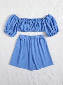 SHEIN Franclia 素色褶邊一字肩短款上衣和短褲 - 藍色 - 查看 2