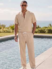 HIMLAND Men's Button Half-Placket Short Sleeve Shirt And Drawstring Waist Pocket Pants Set - Khaki - View 7