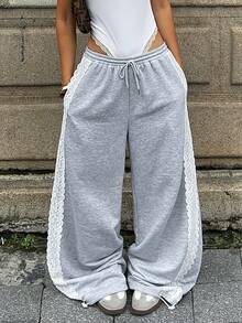 Coolane Women's Fall Streetwear Casual Sport Going Out Basic Daily Wear Contrast Lace Grey Low Rise Baggy Wide Leg Sweatpants - Grey - View 1