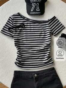 Comfortcana Women's Striped Asymmetric Neck Casual Versatile Daily Wear T-Shirt - Dark Grey - View 1