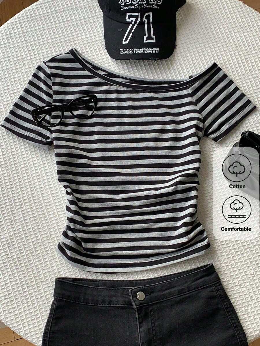 Comfortcana Women's Striped Asymmetric Neck Casual Versatile Daily Wear T-Shirt - Dark Grey - View 1