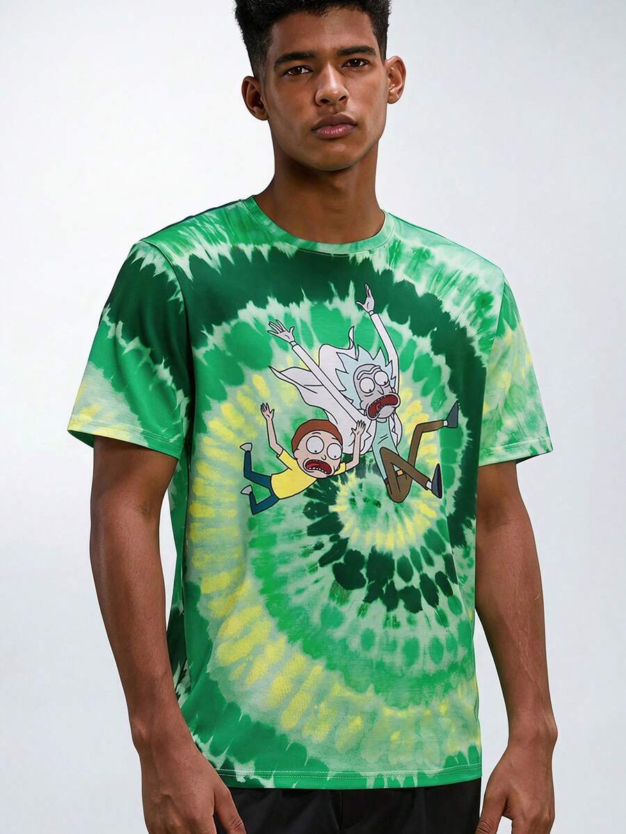 Rick and Morty X SHEIN 男士卡通形象和螺旋染色短袖休閒夏季T卹 - 綠色 - 查看 1