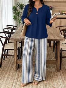 Weeklong Conjunto de 2 piezas para mujer talla grande con camiseta de manga 3/4 con botones de unicolor y pantalones con estampado de rayas - Multicolor - Ver 4