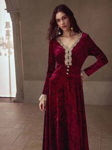 MOTF PREMIUM V-NECK GOLD LACE PATCHWORK VELVET JACQUARD WAIST-CINCHED A-LINE DRESS, ELEGANT & MINIMALIST - Burgundy - View 4