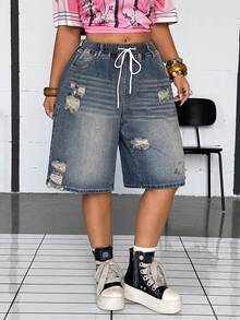 Jeanoix Y2K Casual Plus Size Women's Non-Stretch Denim Shorts, Elastic Waist Design, Distressed Washed Ripped High Street Bermuda Cowboy Outfits Blue Summer - Light Wash - View 8