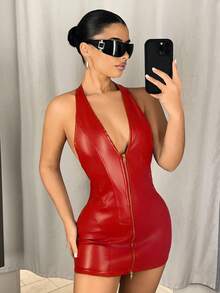 SHEIN ICON Deep V-Neck Halter Dual Zipper Bodycon Mini PU Leather Dress,Summer Dresses For Women - Red - View 5
