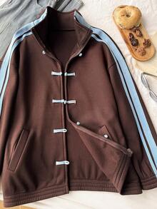 Comfortcana Plus Size Women's Casual Vintage American Style Brown Thin Jacket With Frog Buttons, Suitable For Daily Wear Fall - Brown - View 6