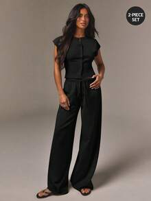 Athîral Women's Versatile Button Knit Top And Drawstring Waist Knit Pants 2 Pieces Set, Airport Casual Commute - Black - View 5