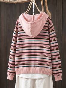 Rusticease Plus Size Casual Striped Hooded Cardigan, Autumn/Winter - Multicolor - View 3