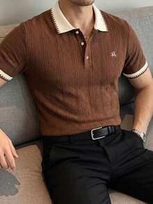 Manfinity Homme 男士時尚休閒通勤短袖 Polo 衫，男士針織提花上衣，男士圖案短袖 Polo 衫，復古風格，老錢風，適合日常休閒、週末旅行，可作為男友/丈夫禮物，派對、夏季度假、海灘穿著、夏威夷婚禮及春夏穿著 - 咖啡棕 - 查看 7