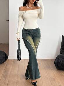 Coolane 女士秋季街头服饰外出派对乡村音乐会复古 Y2K 弹力露肩毛衣 - 米色 - 查看 6