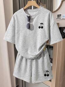 Aidyla Spring/Summer Cherry Print Short Sleeve Top & Elastic Waist Sports Shorts 2-Piece Set, Casual Everyday Versatile Fashion Commute Women's Outfit - Light Grey - View 5