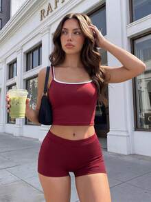 SHEIN 女款極簡百搭條紋拼接運動細肩帶背心 - 酒紅色 - 查看 2