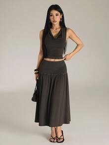 SHEIN PETITE 女款純色垂領背心上衣與裙子時尚兩件套 - 棕色 - 查看 5