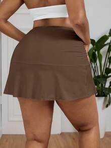 SHEIN PETITE CURVE Spring/Summer Vacation Style Solid Color Ruched Ruffle Hem Plus Size Skirt Fall - Brown - View 2