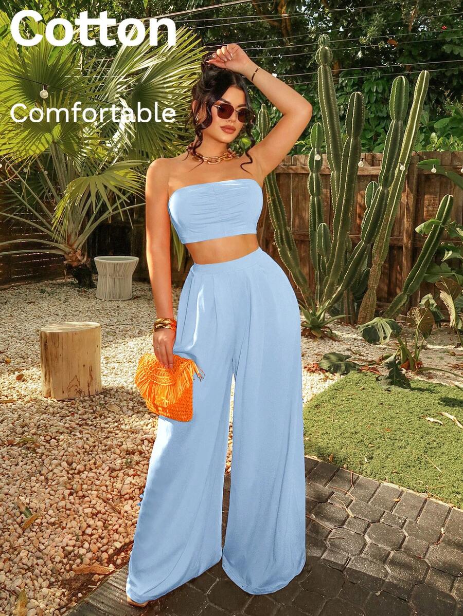 SHEIN SXY 女款時尚抓皺抹胸寬腿褲套裝 夏季度假海灘波希米亞風性感 - 淺藍色 - 查看 1