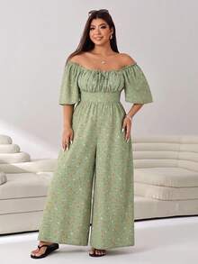 Solflare Plus Size Women's Summer Square Neck All-Over Print Pleated Casual Daily Wear Jumpsuit Wide Leg Pants - Olive Green - View 7