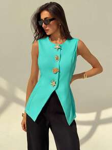 Aloruh Rompi Blazer Wanita dengan Dekorasi Bintang Laut Logam - Teal Blue - View 3