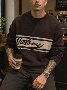 AXEPEAK Men's Letter Pattern Crew Neck Long Sleeve Casual Sweater - Brown - View 6