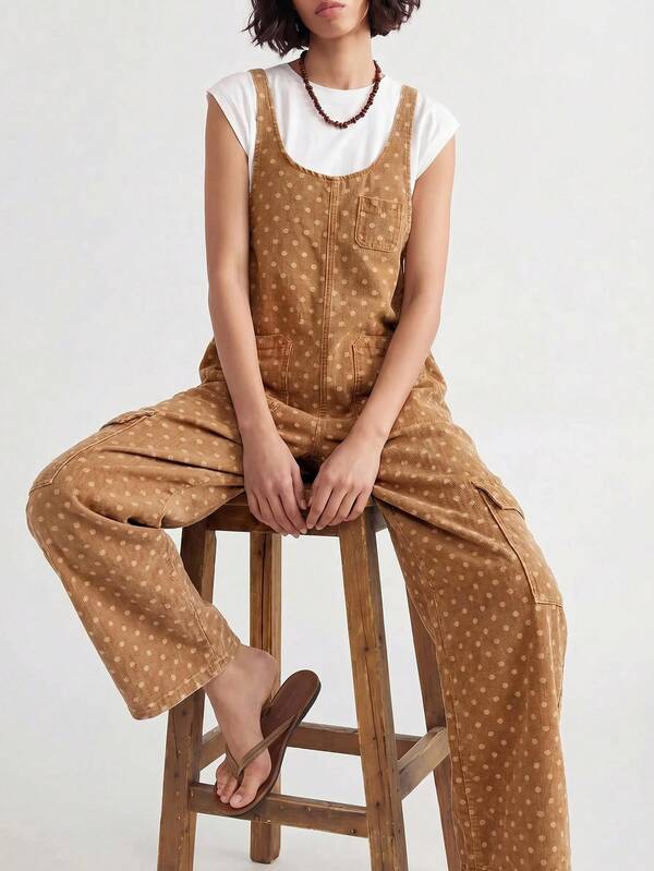 Bohemela Women's Polka Dot Pattern Pocket Design Casual Denim Overalls