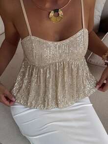Livesso Camiseta de tirantes sin mangas con cuello en V, color plateado sólido, ajustada, elástica y acanalada para mujer - Plateado - Ver 4