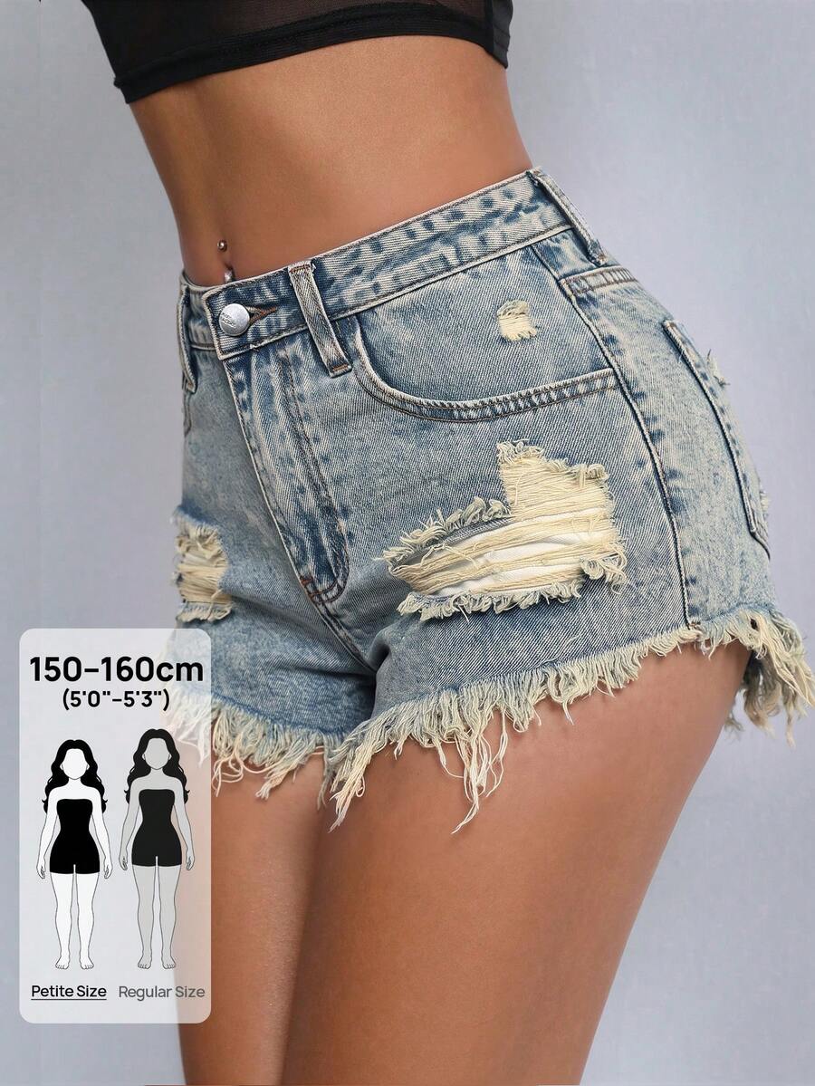 SHEIN PETITE Summer Casual Streetwear Washed Distressed Denim Shorts Vacation Light Blue - Light Wash - View 1