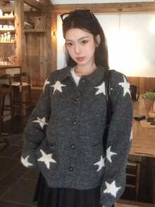 DAZY Women's Contrast Color Pentagram Patchwork Long Sleeve Cardigan With Lapel - Baby Pink - View 3