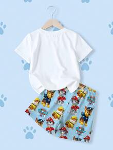 SHEIN | PAW Patrol 小男孩卡通印花短袖T恤與短褲套裝 - 白色 - 查看 2
