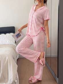 Napfluff 2pcs/Set Pink And White Striped Striped Print Small Lapel V-Neck Button Bow Tie Front Short Back Long Ruffle Hem Thin Knit Top Pants Lounge Summer - Pink - View 5