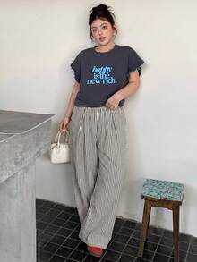 Dazy Plus Pantalones de pierna ancha sueltos con cintura elástica y bolsillos, talla grande, versátiles para primavera y verano - Blanco y Negro - Ver 5