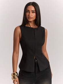 SHEIN BAE Solid Color Casual Elegant Commute Date Office Slim Fit Zipper Sleeveless Blazer Black Summer - Black - View 1