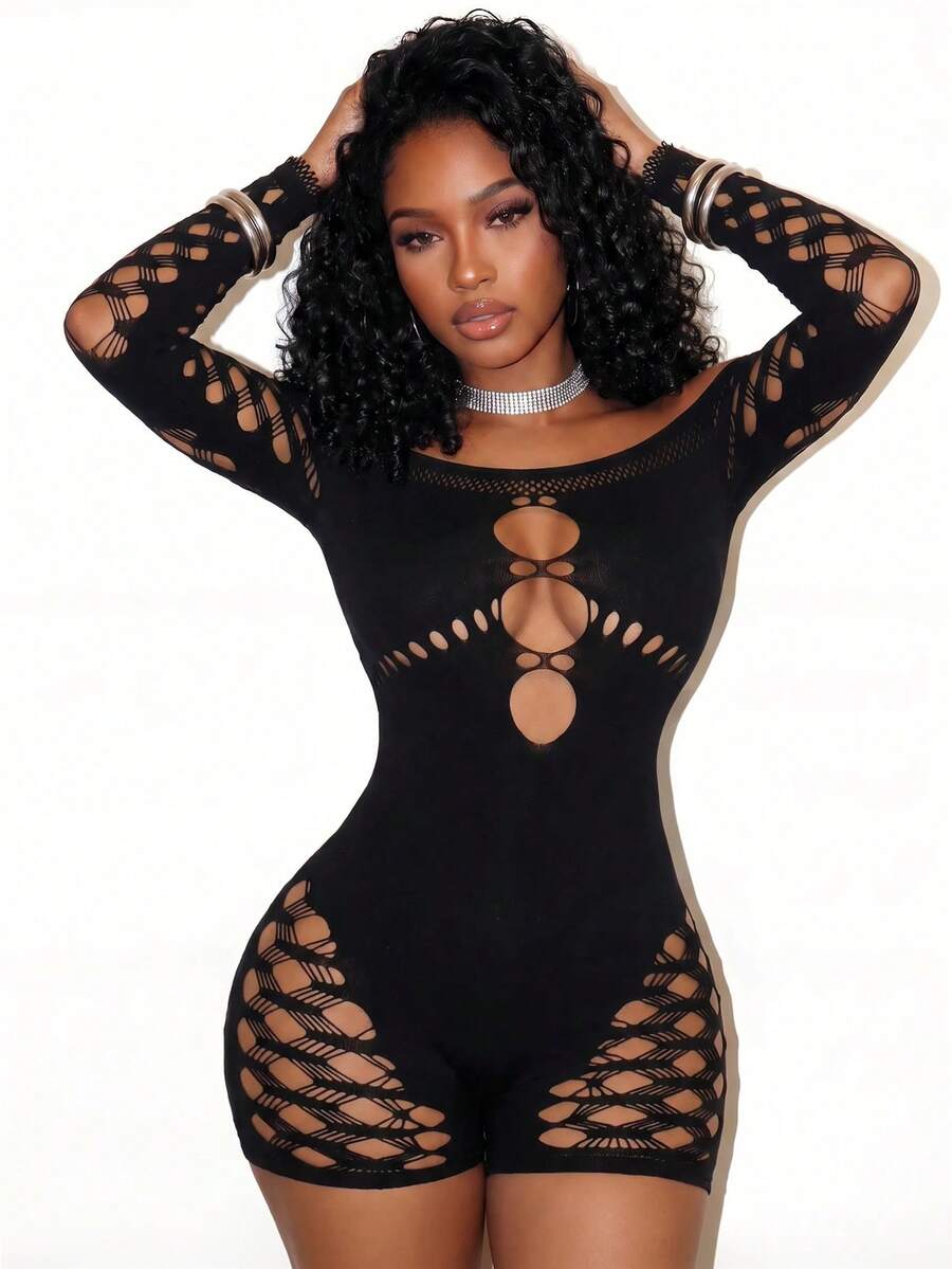 BamGleam Sexy Hollow Out Off-Shoulder Fitted Romper