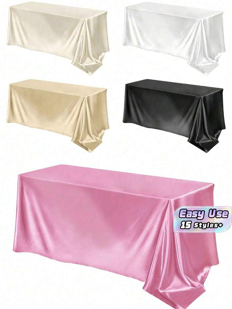 SHEIN 1件/2件裝緞面長方形桌布,白色/米色/香檳色/粉色,光滑聚酯纖維布料,適用婚禮裝飾、生日派對裝飾、週年紀念、新娘婚前派對、婚宴派對活動 - 彩色 - 查看 1