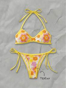 Elavelle Swim MOD 2件套彩色花卉纹理挂脖抹胸比基尼上衣和侧系带泳裤性感女士泳装套装，春夏款 - 彩色 - 查看 1