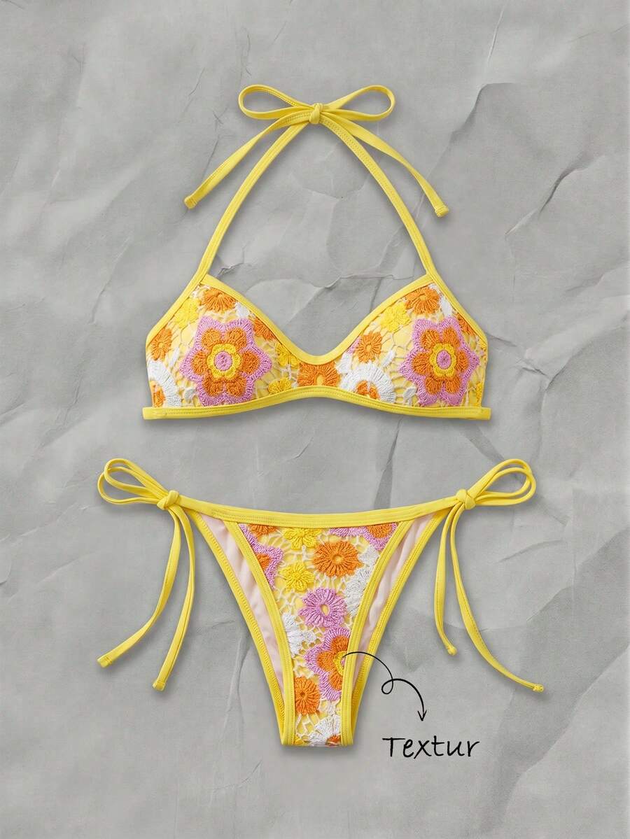 Elavelle Swim MOD 2件套彩色花卉纹理挂脖抹胸比基尼上衣和侧系带泳裤性感女士泳装套装,春夏款 - 彩色 - 查看 1