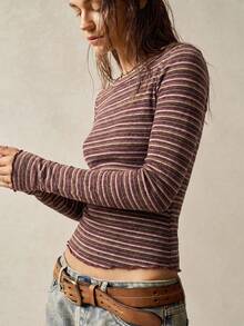 Bohemela Women's Striped Knit Long Sleeve Slim Fit T-Shirt - Burgundy - View 5