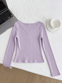 Tween Girls Ribbed Crew Neck Stretch Slim Fit All-Match Versatile Minimalist Long Sleeve T-Shirt, Comfortable - Purple - View 4