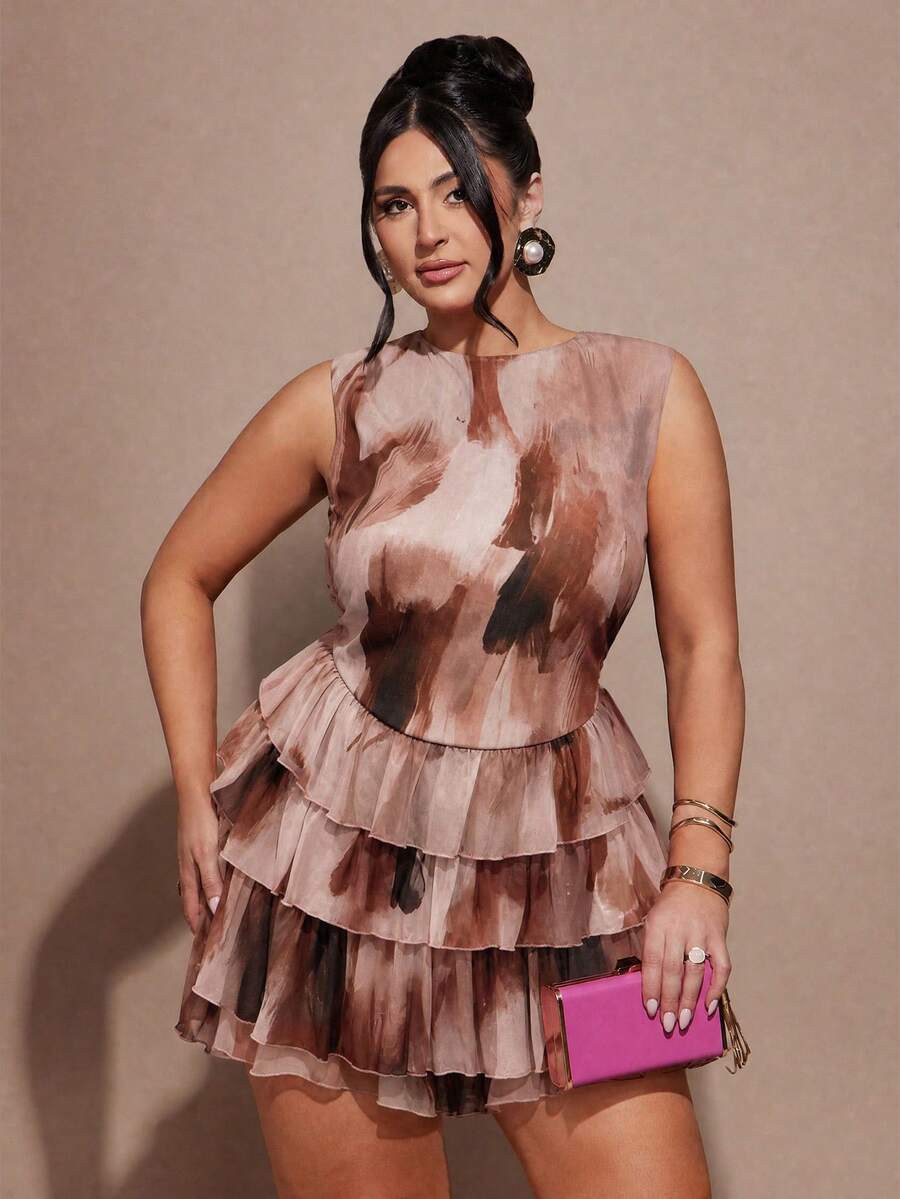 SHEIN BAE Plus Size Summer Elegant Ruffle Tie-Dye Print Romper - Multicolor - View 1