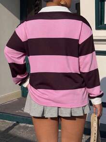 Muchica Plus Size Casual Flapper 1920s Colorblock Striped T-Shirt, Summer/ Back-To-School Vacation Pink Fall - Multicolor - View 2
