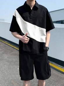 Manfinity Hypemode 男士對比色 Polo 領短袖 T 恤與工裝短褲休閒兩件套 - 彩色 - 查看 3