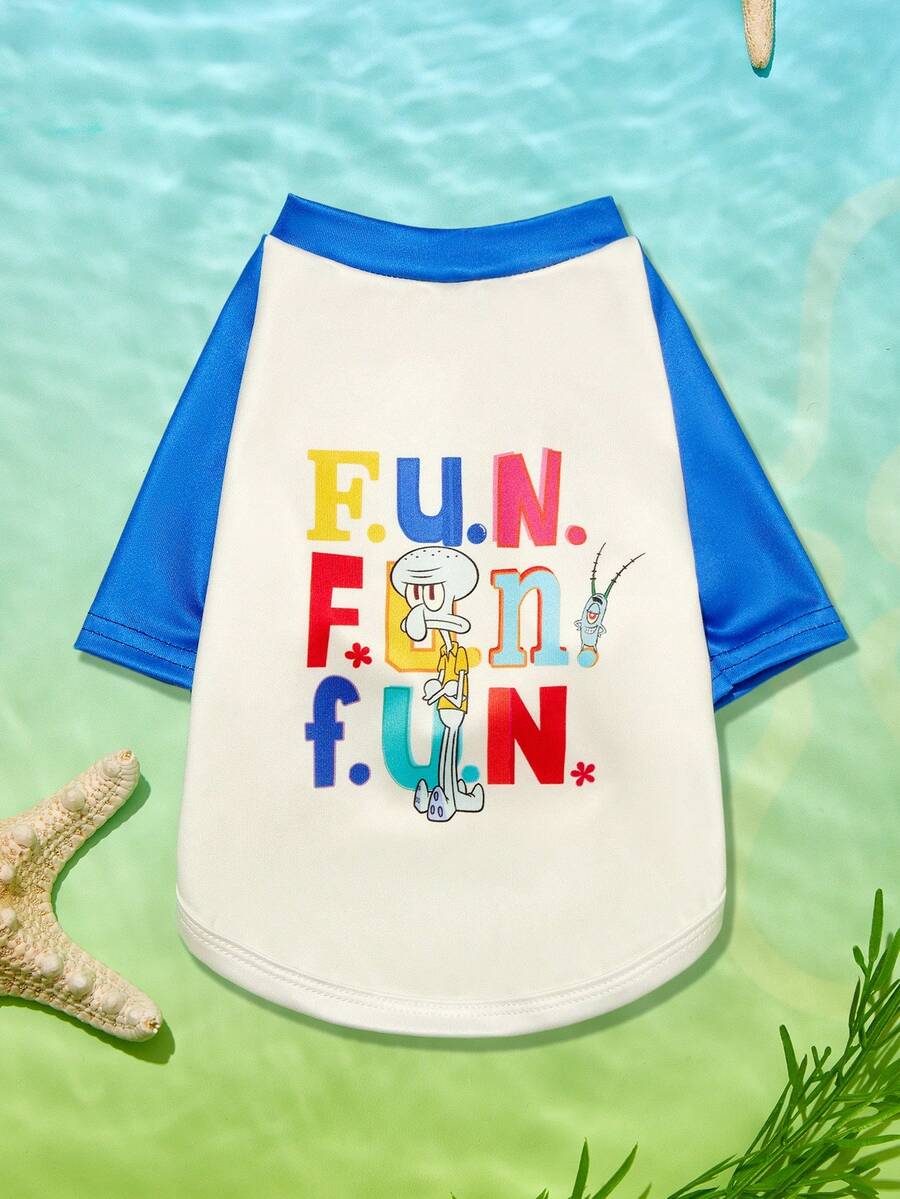 SpongeBob SquarePants | PETSIN 1件可愛小蜉蝣與章魚FUN字母印花藍白寵物T恤,柔軟透氣親膚,適合室內玩耍或戶外趣味冒險日 - 彩色 - 查看 1