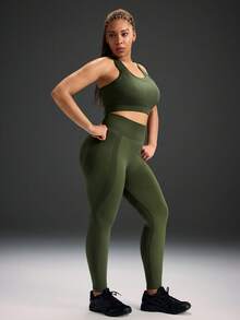 Powerista Women's Plus Size Solid Color Tank Top And Leggings Sports Set - Army Green - View 4