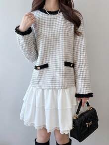 FRIFUL Women's Vintage Jacquard Button Contrast Color Ruffle Multi-Layer Hem Dress - White - View 1