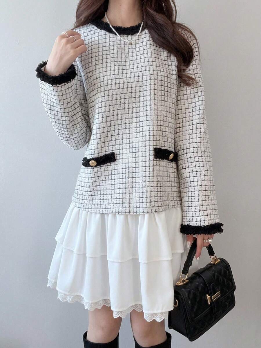 FRIFUL Women's Vintage Jacquard Button Contrast Color Ruffle Multi-Layer Hem Dress - White - View 1