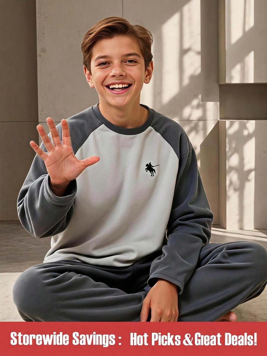SHEIN Teenage Boys Baggy Plush Fleece Raglan Sleeve Colorblock Sweatshirt Pants Loungewear Set Autumn/Winter Back-To-School Grey - Grey - View 1